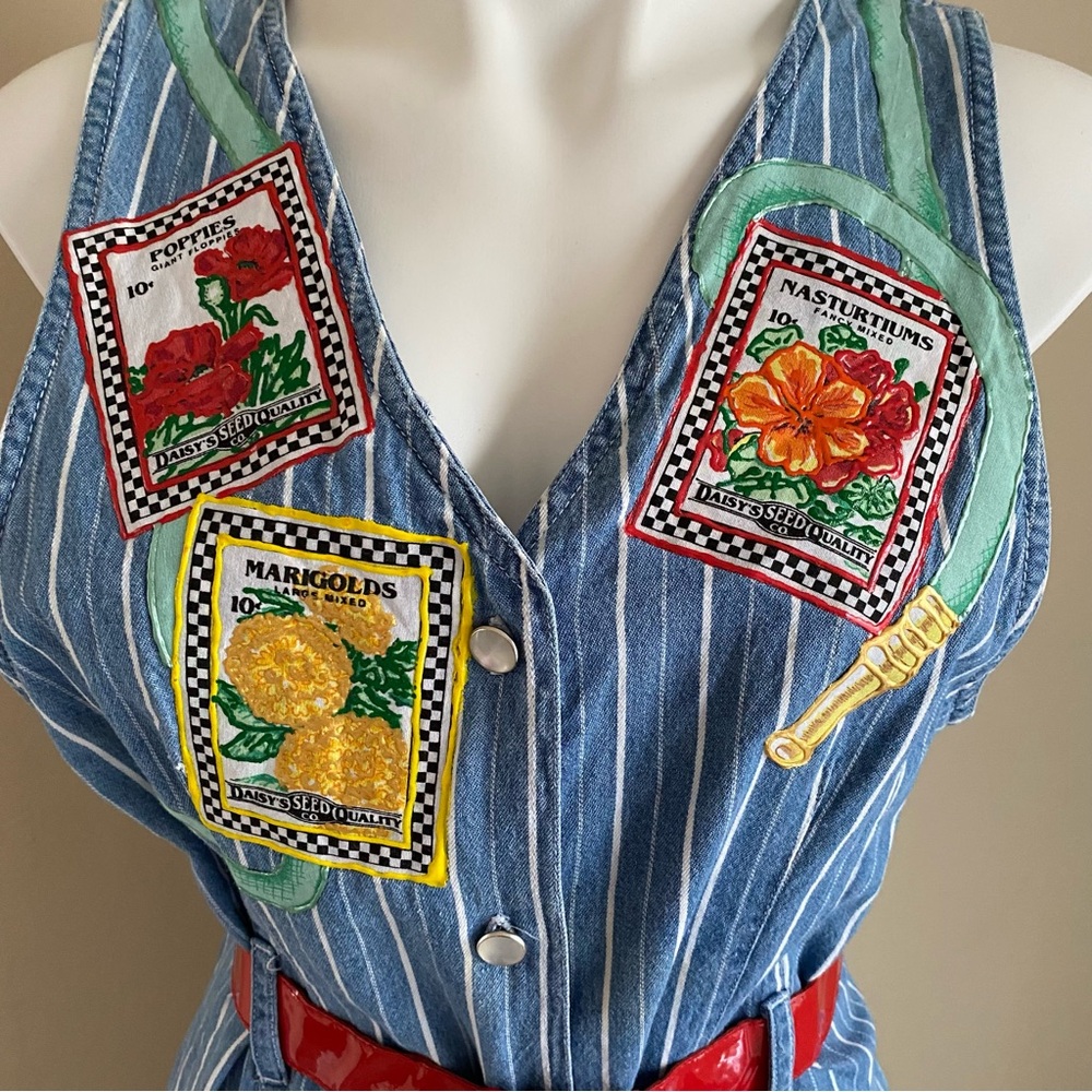Vintage Denim Sleeveless Dress Midi Front Button Denim Flower Garden M - Picture 5 of 16